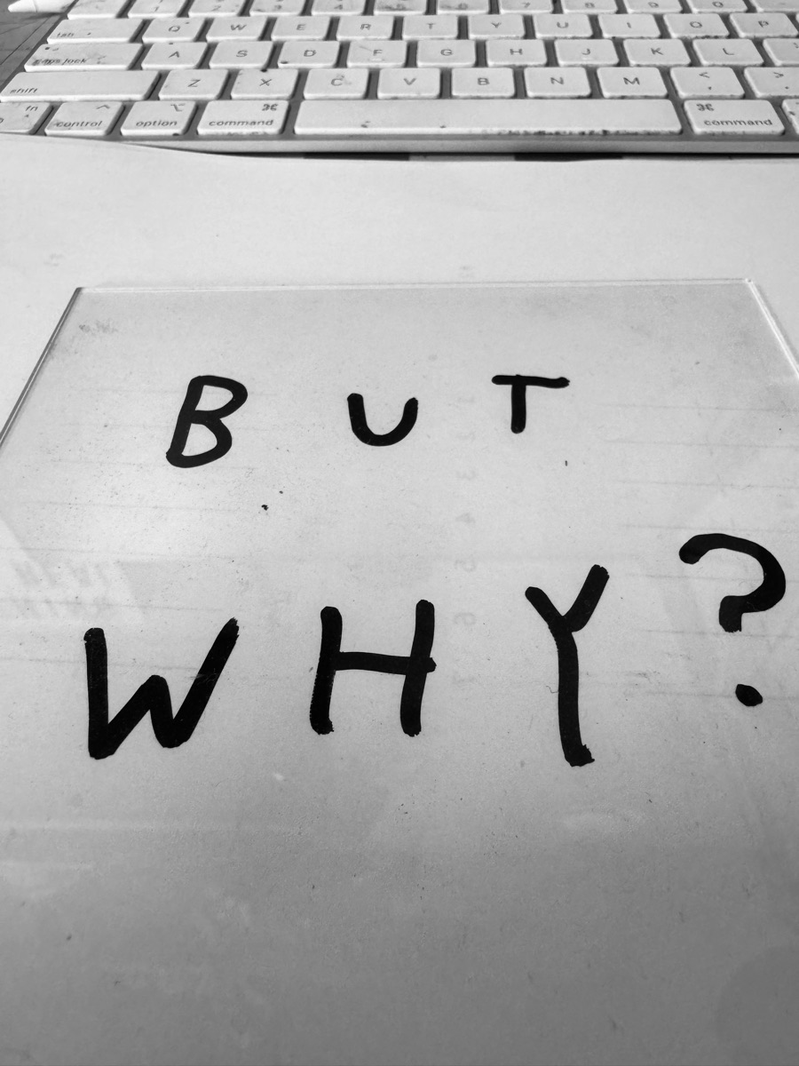 The words BUT WHY? written by hand