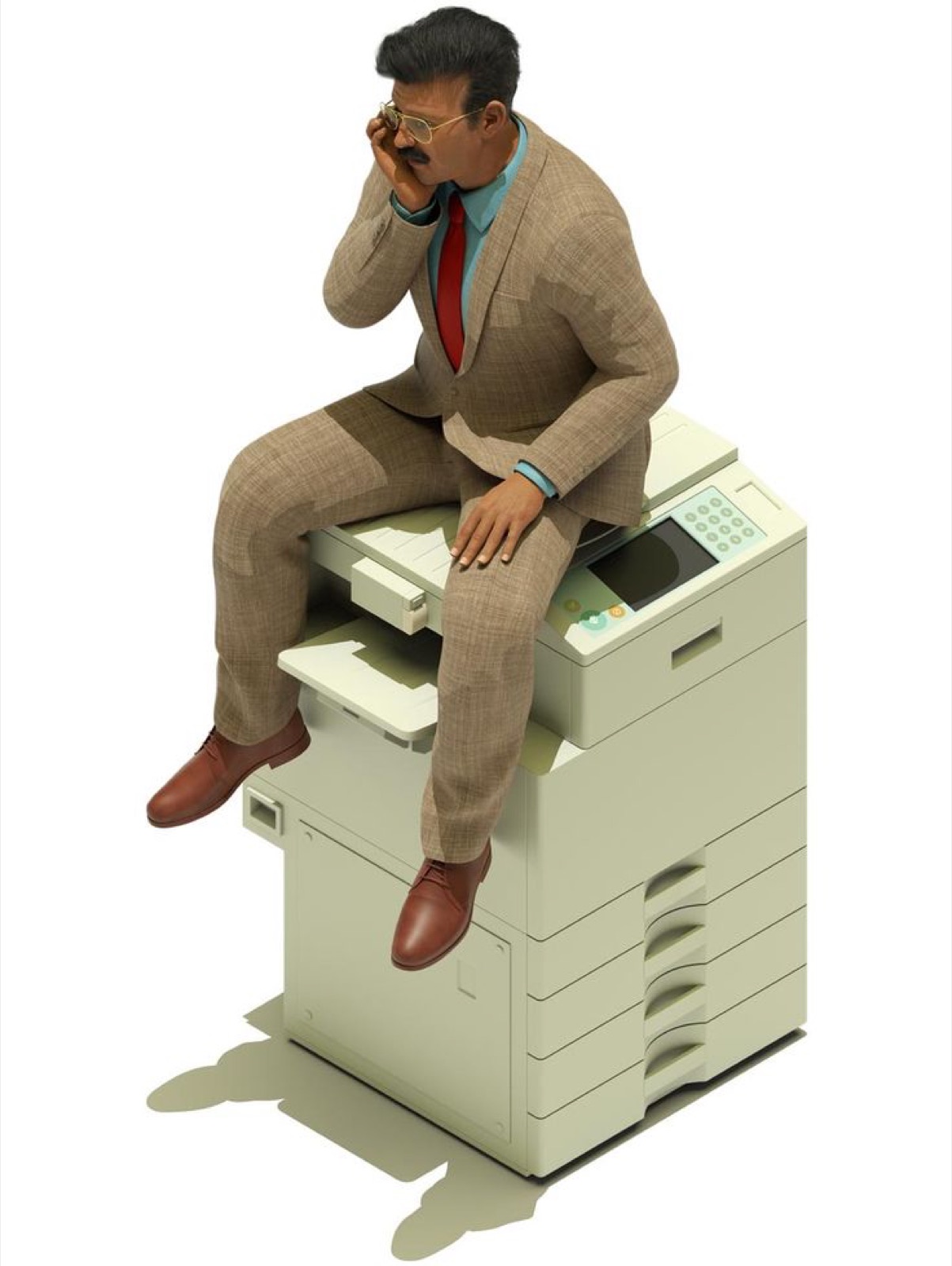Painting of a man in a suit sitting on a photocopier, head in hand