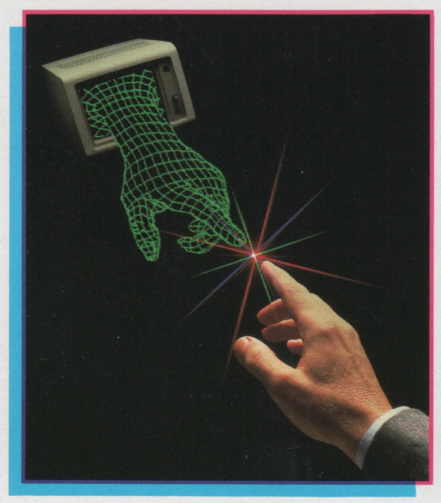 A wireframe hand reaching out of a CRT monitor toward a human hand