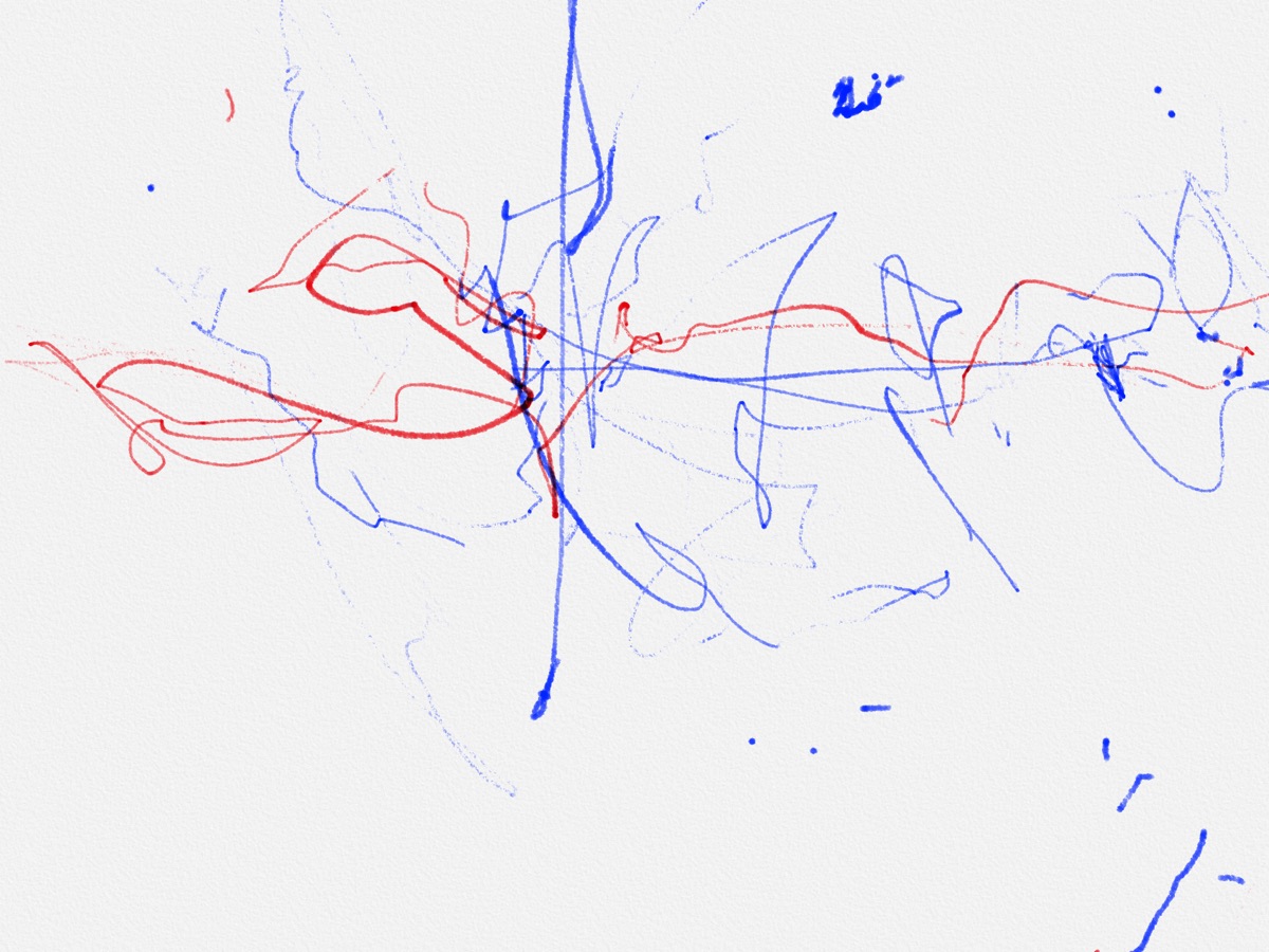 Chaotic pen scribbles in red, blue and black